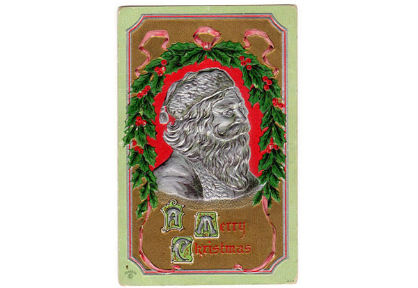 Vintage 1910s Silver Santa Bas Relief Postcard Christmas Wreath P Sander - Avid Vintage