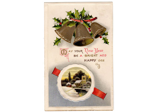 Vintage 1900s Christmas Postcard Winter Church Scene Holiday Greeting Gold Bells - Avid Vintage