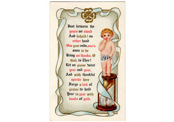 Antique 1900s New Year Postcard, Embossed Baby Sand Hourglass Gold Shamrock - Avid Vintage
