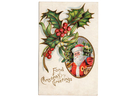 Vintage Santa 1910s Christmas Postcard Fond Christmas Greetings Holly and Berries - Avid Vintage