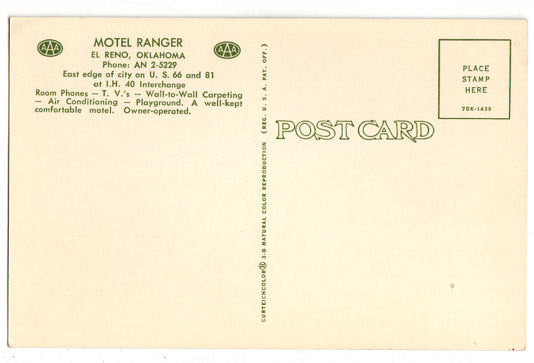 Vintage Motel Ranger El Reno Oklahoma Postcard 1960s Roadside America Highway 66 and 81 Unused - Avid Vintage