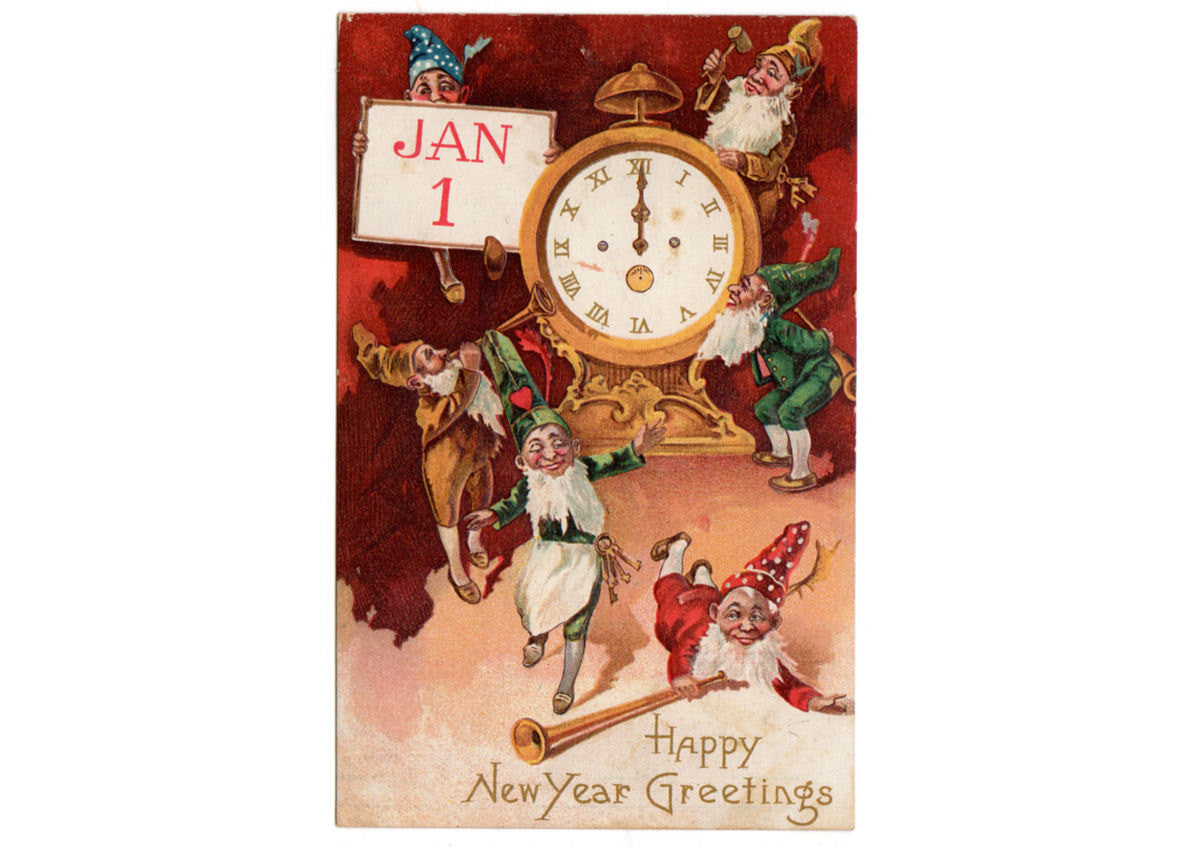 Vintage New Year Gnomes January 1 Postcard Large Gold Clock - Avid Vintage
