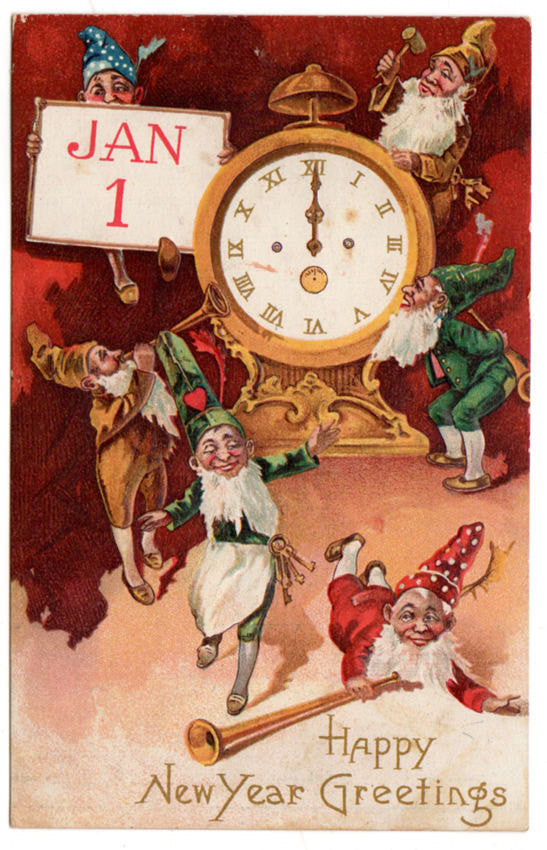 Vintage New Year Gnomes January 1 Postcard Large Gold Clock - Avid Vintage