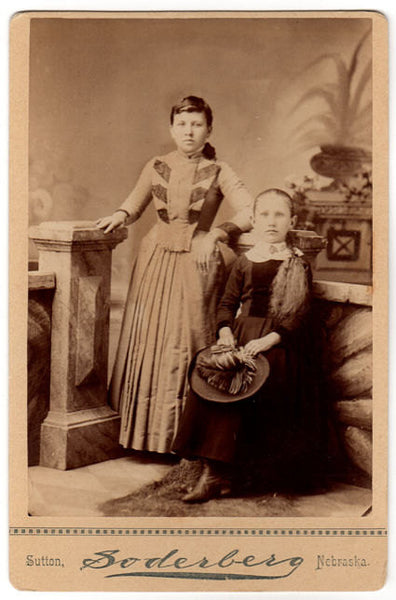 Sutton Nebraska Antique Photo 2 Girls Long Curly Hair Feather Hat Soderberg Photographer - Avid Vintage