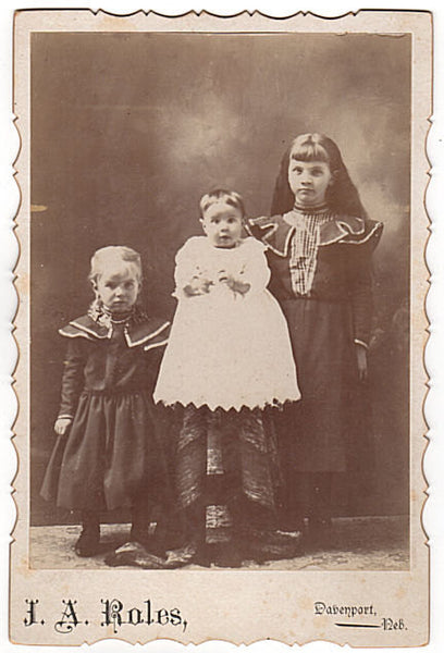 Antique Davenport Nebraska Cabinet Card Little Girls in Dark Dresses J A Roles Photographer - Avid Vintage
