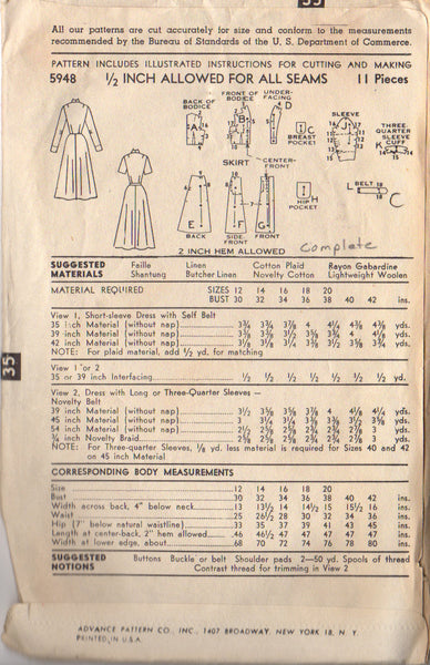Vintage 1950s Belted Womens Knee Length Dress Advance Sewing Pattern 5948 Bust 30 Hip 33 Waist 25 - Avid Vintage