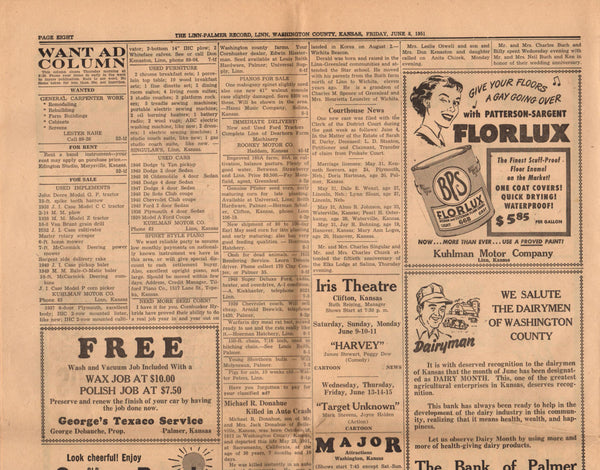 Vintage 1951 Linn and Palmer Kansas Newspaper Genealogy Research History June 8 - Avid Vintage