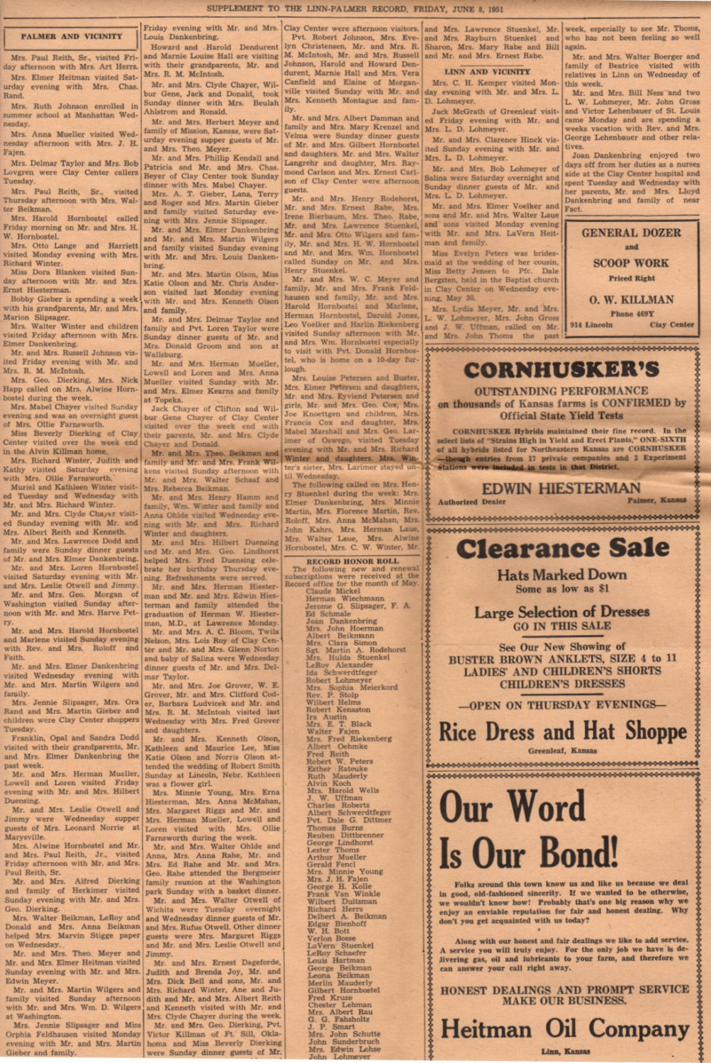 Vintage 1951 Linn and Palmer Kansas Newspaper Genealogy Research History June 8 - Avid Vintage