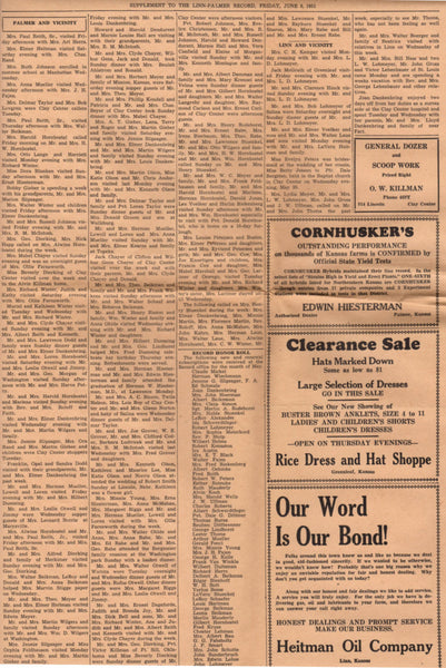 Vintage 1951 Linn and Palmer Kansas Newspaper Genealogy Research History June 8 - Avid Vintage