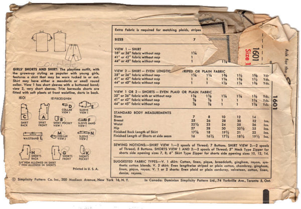 Vintage 1950s Girls Bermuda Shorts Pattern Short Sleeve Shirt Simplicity Sewing Pattern 1601 - Avid Vintage