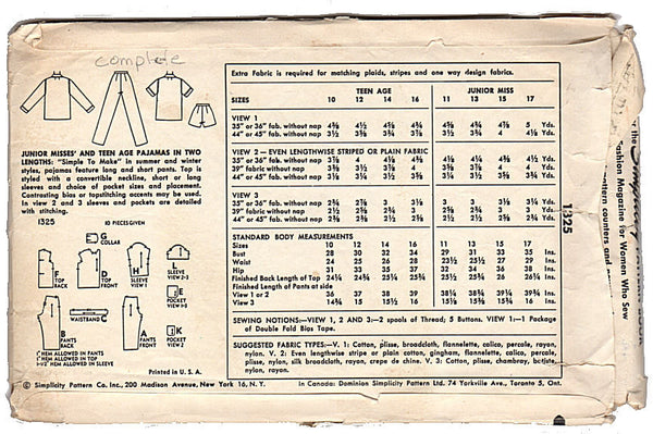 Vintage 1950s Teen Girls Simplicity Sewing Pattern 1325 Pajama Pants Shorts Bust 32 Hip 35 - Avid Vintage