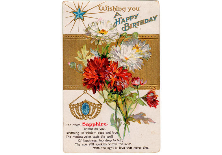 September Birthday Sapphire Birthstone Vintage 1910s Postcard Red Aster Flower - Avid Vintage