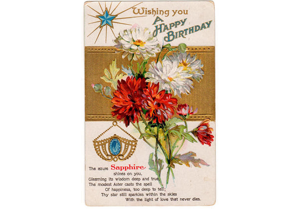 September Birthday Sapphire Birthstone Vintage 1910s Postcard Red Aster Flower - Avid Vintage