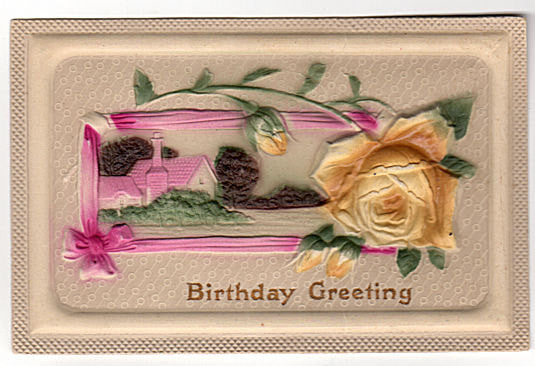 Vintage 1910s Birthday Greetings Postcard in Bas Relief with Yellow Rose and Pink Ribbon - Avid Vintage