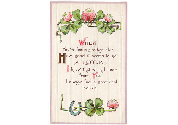 Vintage 1900s Pink and Green Four Leaf Clover Postcard Lucky Horseshoe Floral - Avid Vintage
