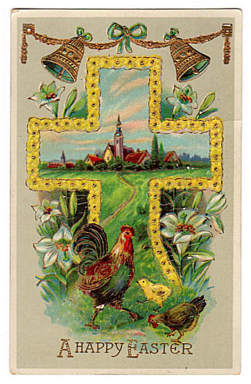 Vintage 1910s Easter Greetings Postcard 1910s Gold Accents Floral Cross Chickens Gold Bells - Avid Vintage