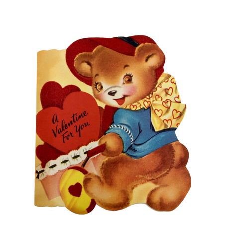 Vintage 1950s Flocked Valentine Card Anthropomorphic Bear