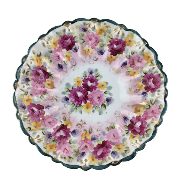 Vintage Floral Fluted Serving Bowl Dish Gold Gilt Accents