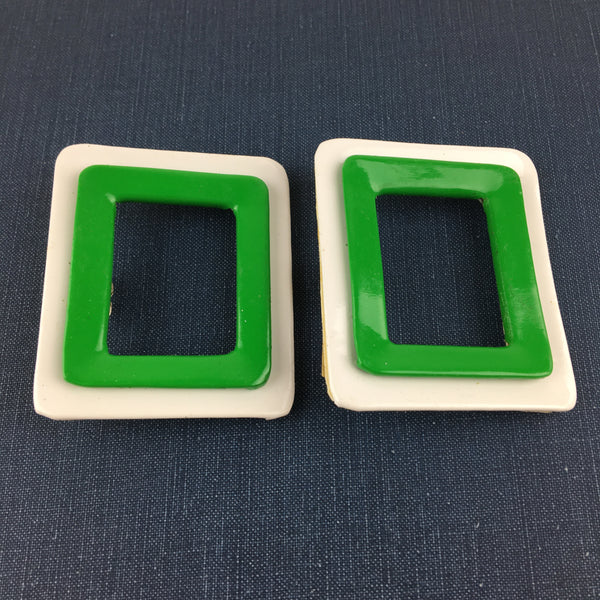 Vintage 1970s Green and White Vinyl Shoe Clips Groovy Rectangles Pair
