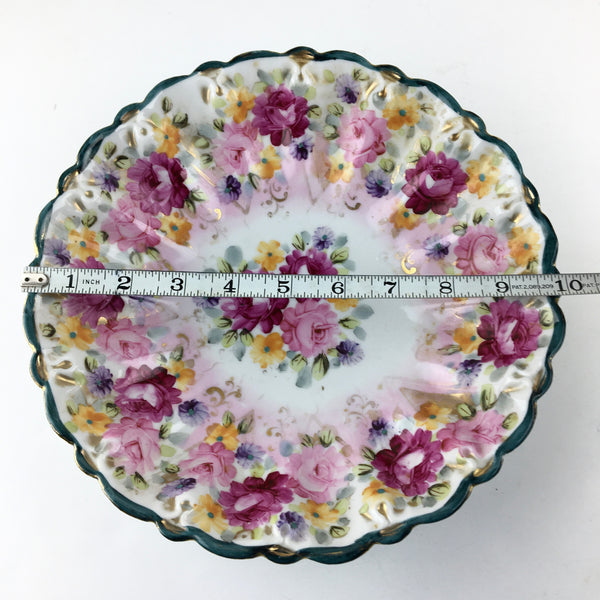 Vintage Floral Fluted Serving Bowl Dish Gold Gilt Accents