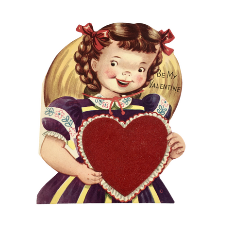 Vintage 1950s Whitman Flocked Valentine Card Girl Hair in Braids