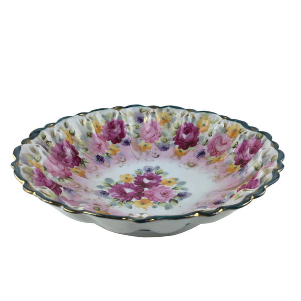 Vintage Floral Fluted Serving Bowl Dish Gold Gilt Accents