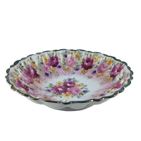 Vintage Floral Fluted Serving Bowl Dish Gold Gilt Accents