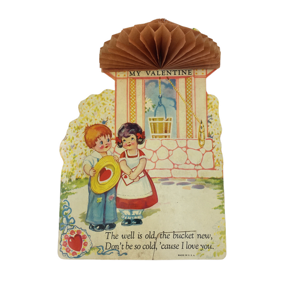 Vintage 1930s Honeycomb Valentine Card Children at Well