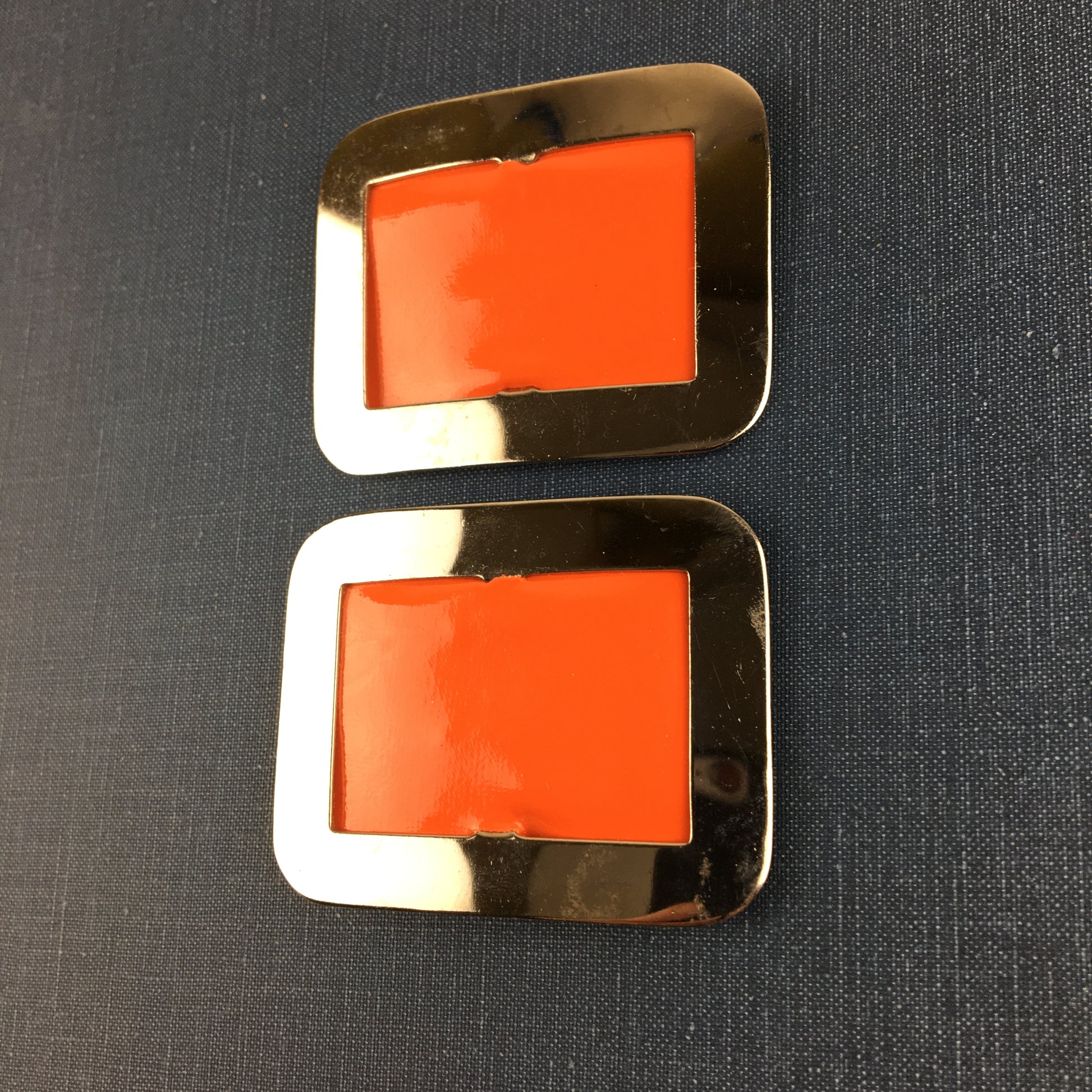 Vintage Shoe Clips Silver Tone Metal and Orange Faux Leather - Avid Vintage