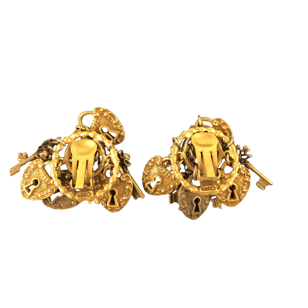 Chunky Lock and Key Charms Clip on Earrings Designer Signed ART