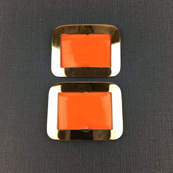 Vintage Shoe Clips Silver Tone Metal and Orange Faux Leather