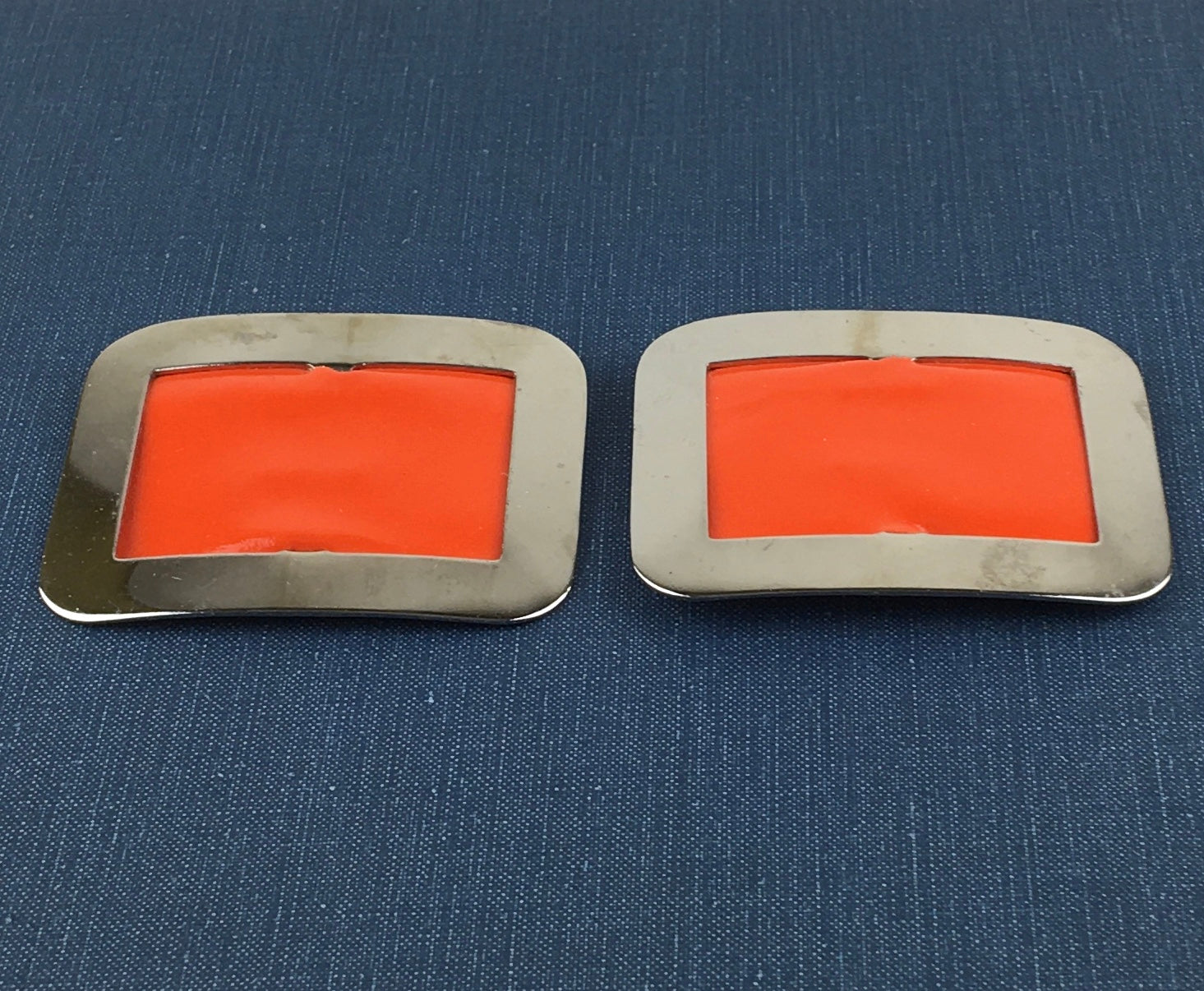 Vintage Shoe Clips Silver Tone Metal and Orange Faux Leather - Avid Vintage