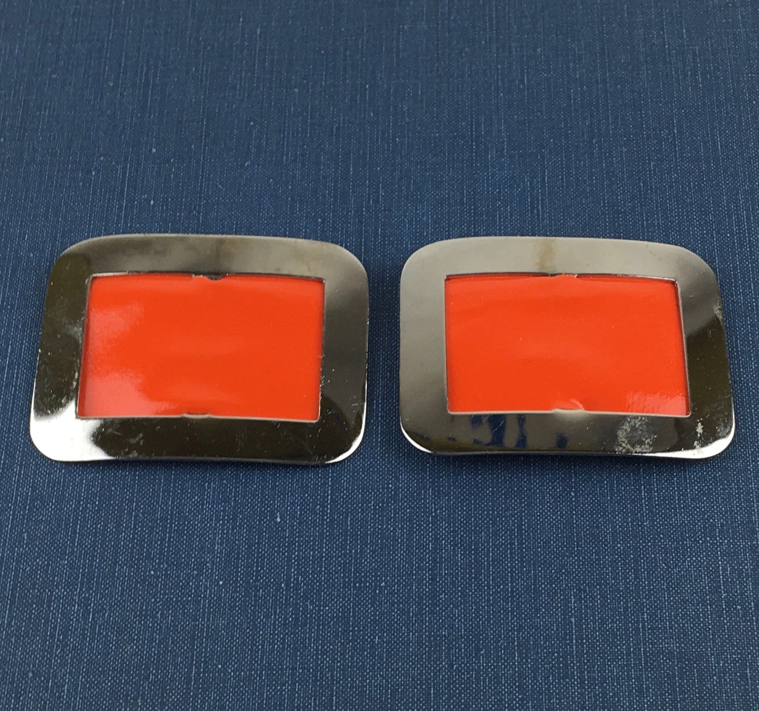 Vintage Shoe Clips Silver Tone Metal and Orange Faux Leather - Avid Vintage