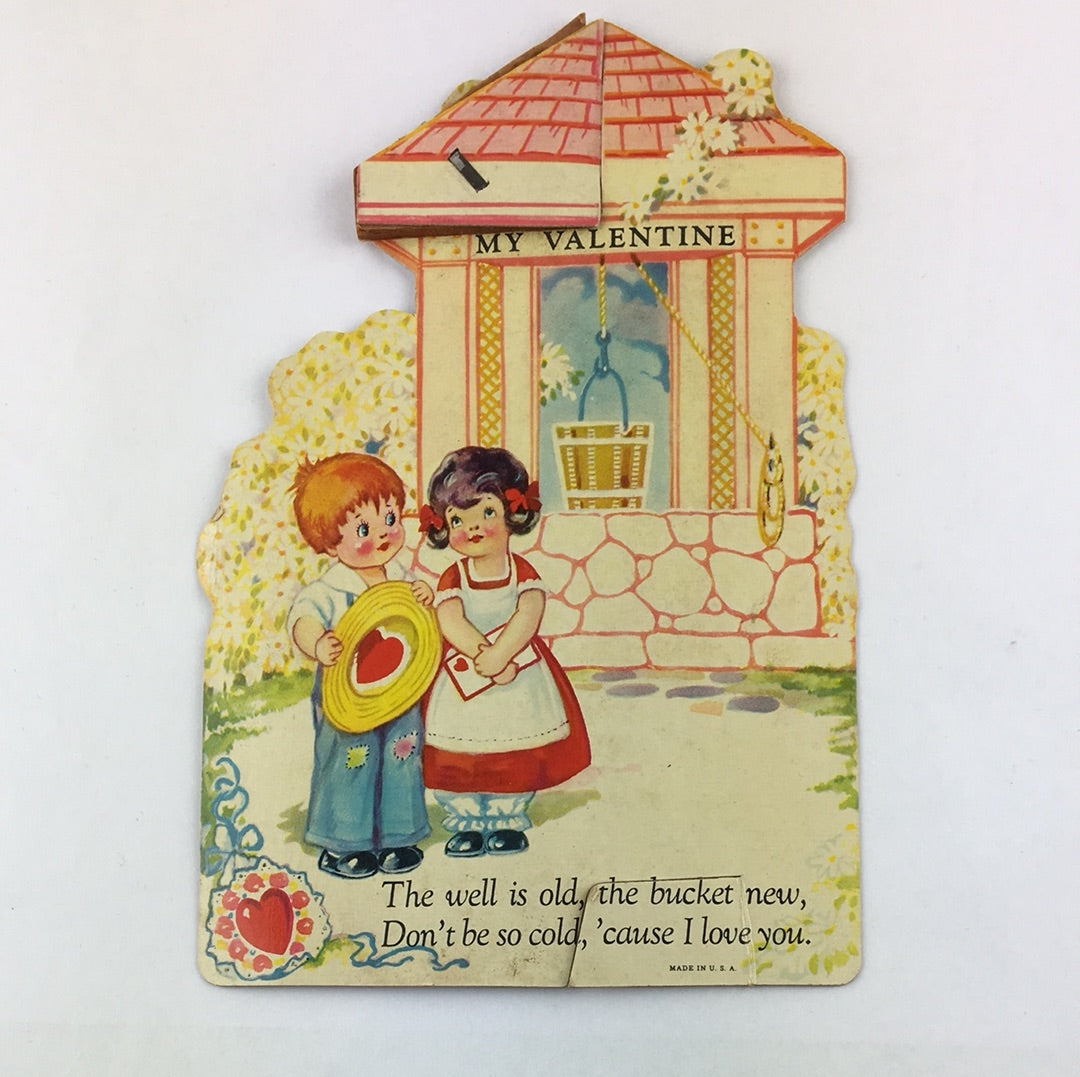 Vintage 1930s Honeycomb Valentine Card Children at Well - Avid Vintage