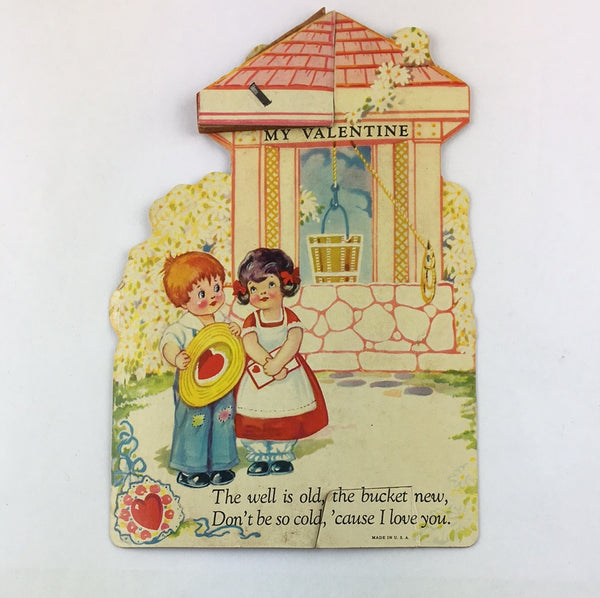Vintage 1930s Honeycomb Valentine Card Children at Well