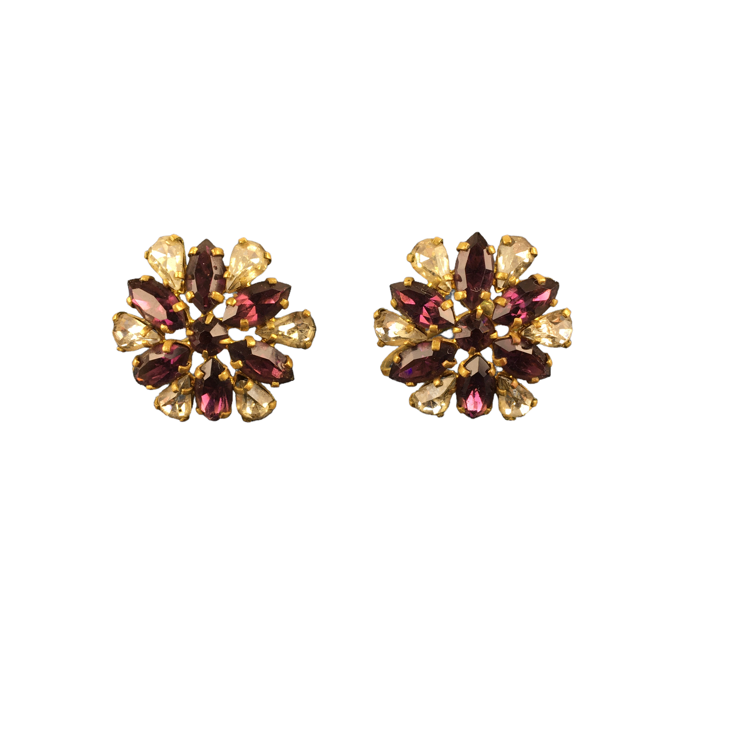 Vintage Earring Set Purple and Clear Rhinestones Gold Tone Screw Back - Avid Vintage