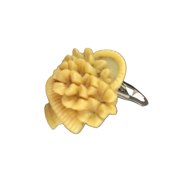 Vintage Carved Coral Celluloid Made In Japan Flower Basket Dress Scarf Fur Clip