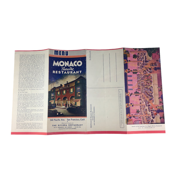 Vintage 1940s Monaco Theatre Restaurant Menu San Francisco