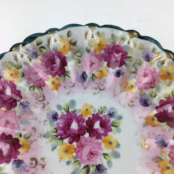 Vintage Floral Fluted Serving Bowl Dish Gold Gilt Accents