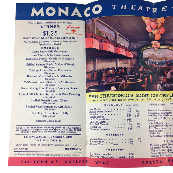 Vintage 1940s Monaco Theatre Restaurant Menu San Francisco
