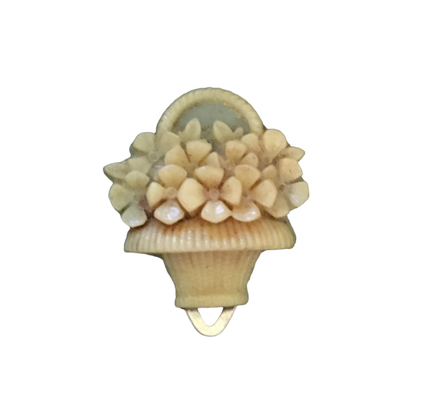 Vintage Carved Coral Celluloid Made In Japan Flower Basket Dress Scarf Fur Clip