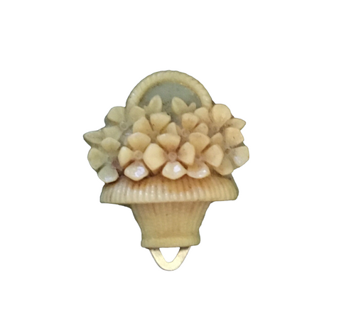 Vintage Carved Coral Celluloid Made In Japan Flower Basket Dress Scarf Fur Clip