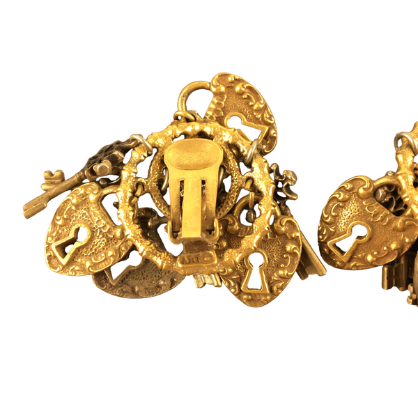 Chunky Lock and Key Charms Clip on Earrings Designer Signed ART