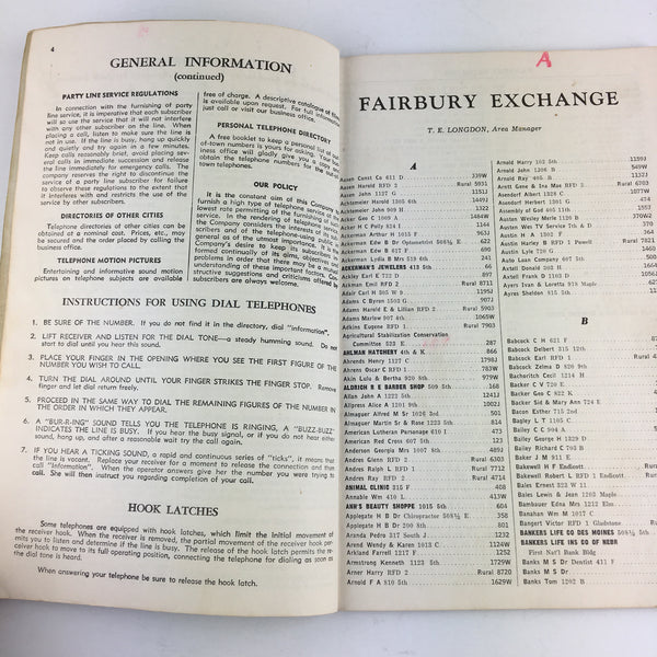 Vintage 1956 Fairbury Nebraska Telephone Directory Book