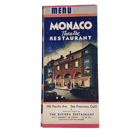 Vintage 1940s Monaco Theatre Restaurant Menu San Francisco