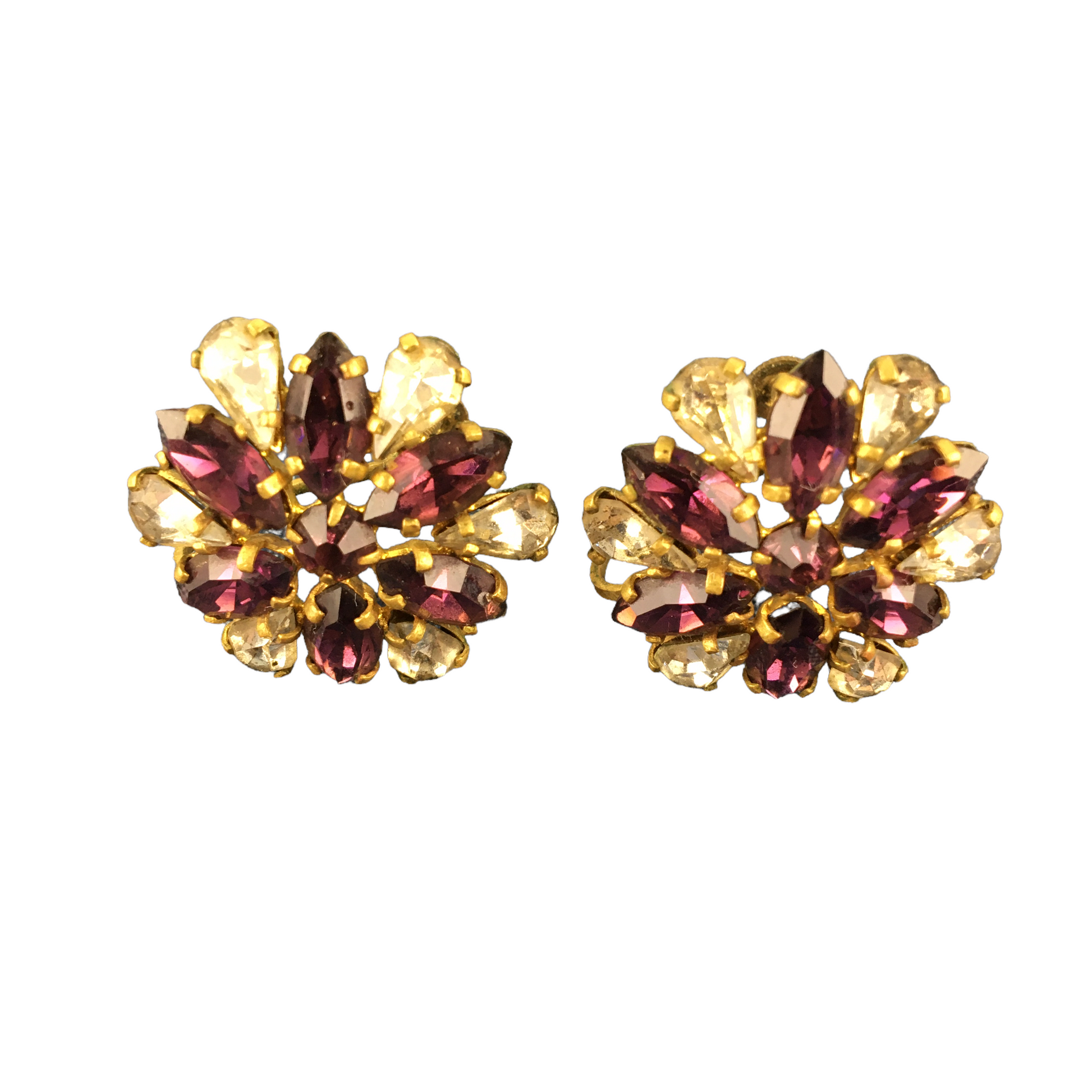 Vintage Earring Set Purple and Clear Rhinestones Gold Tone Screw Back - Avid Vintage