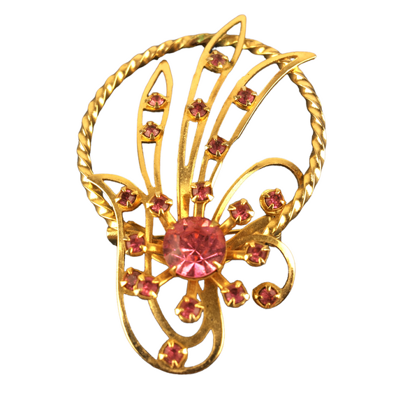 Vintage Brooch Gold Tone with Pink Rhinestones