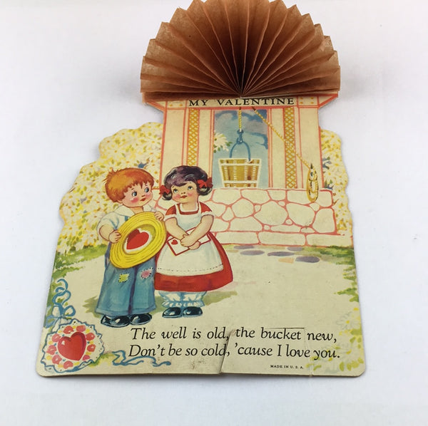 Vintage 1930s Honeycomb Valentine Card Children at Well