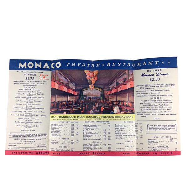 Vintage 1940s Monaco Theatre Restaurant Menu San Francisco