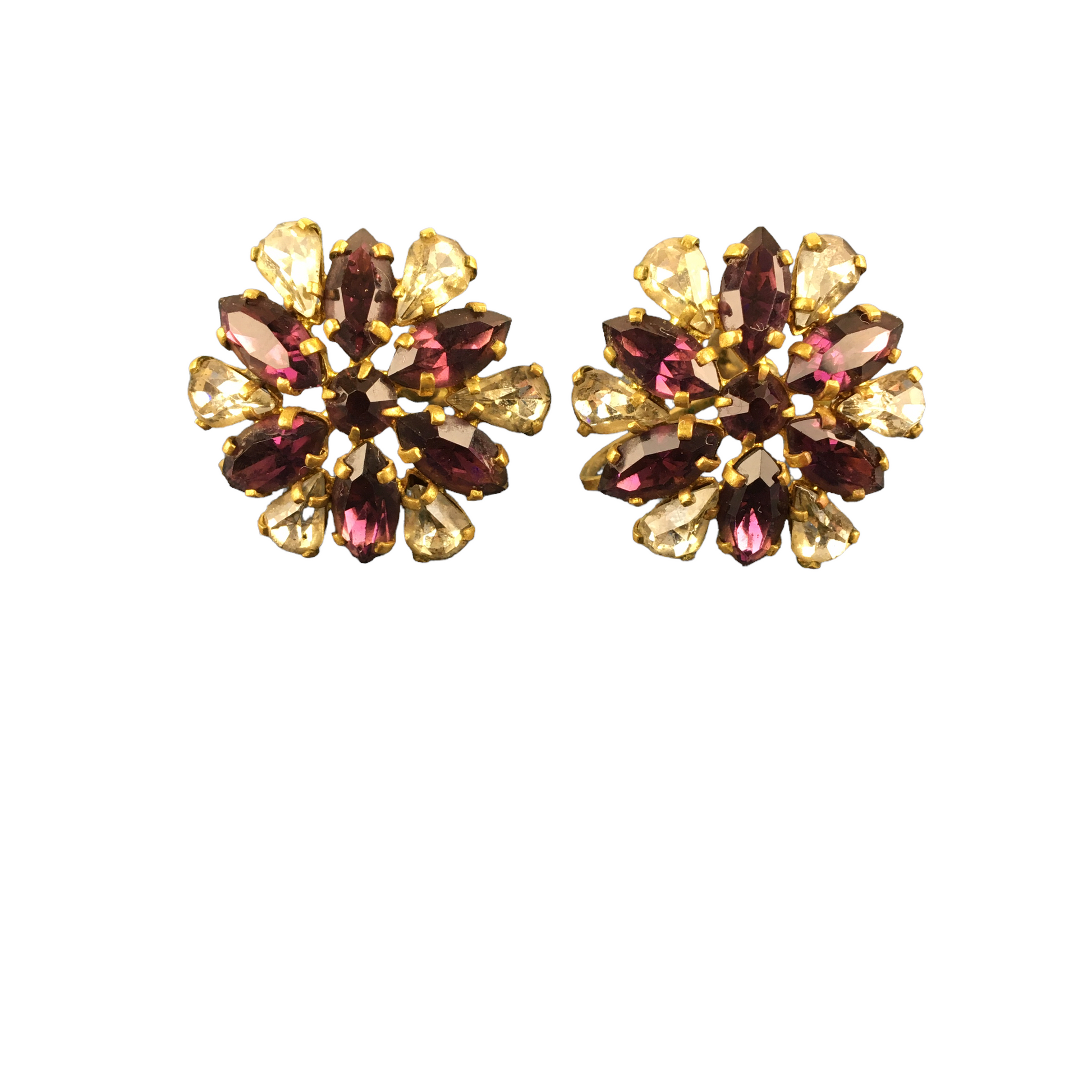 Vintage Earring Set Purple and Clear Rhinestones Gold Tone Screw Back - Avid Vintage